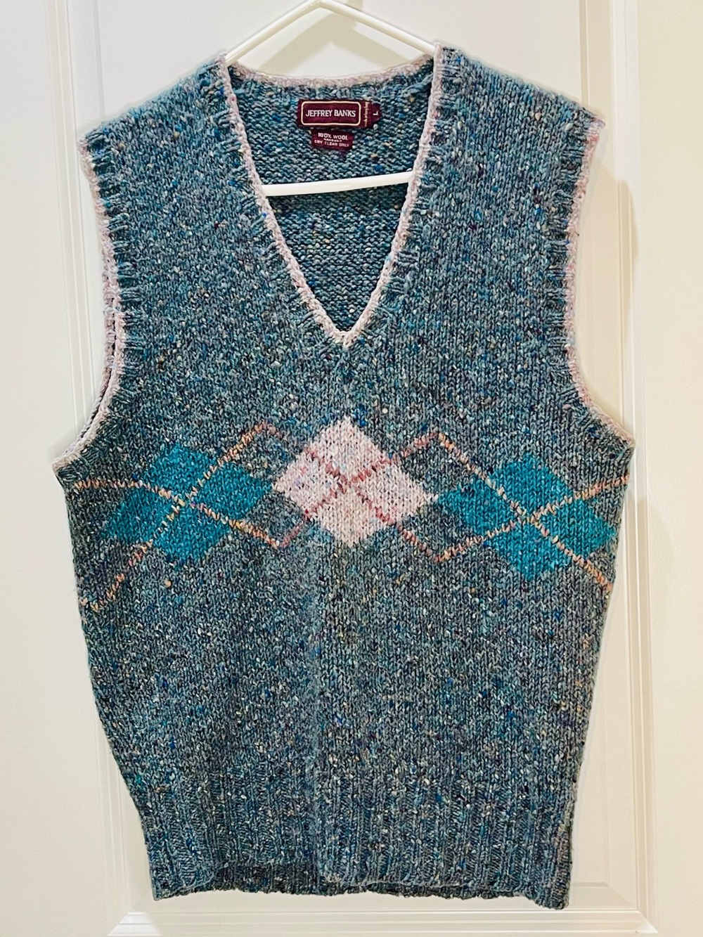 Jeffrey Banks Vintage 80’s Handknit Wool Argyle V-Neck Vest Hong Kong L